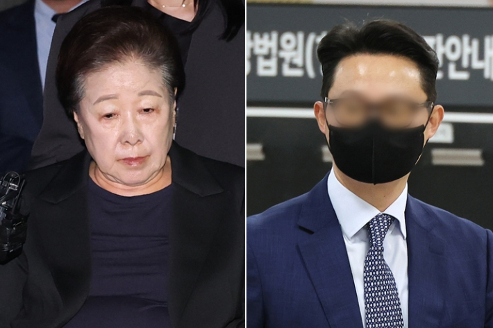 한학자 통일교 총재(왼쪽)와 윤영호 전 세계본부장. 연합뉴스