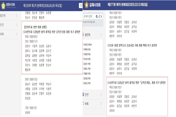 창원시의회, 김해시의회 회의록 캡처