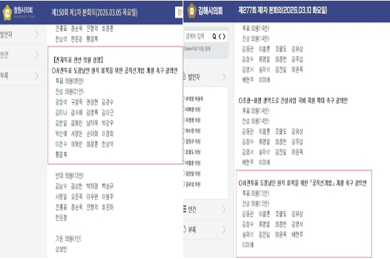 창원시의회, 김해시의회 회의록 캡처