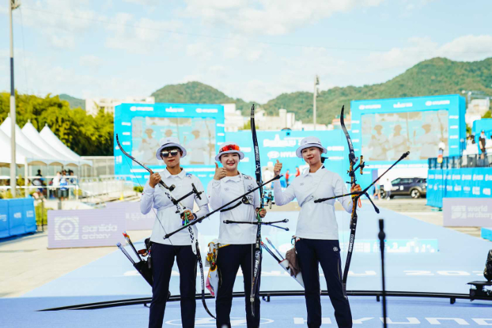 여자 양궁 안산(왼쪽부터), 강채영, 임시현. 대한양궁협회 제공