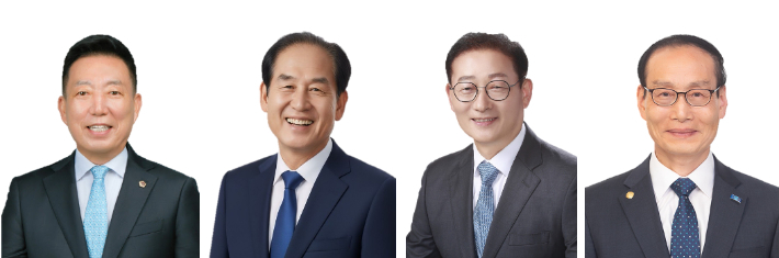 전남 진도군수 예비후보. (사진 왼쪽부터 가나다순) 김인정 전남도의원, 김희수 진도군수, 이재각 전 충북지방병무청장, 조인현 조국혁신당 진도군협의회장. 중앙선거관리위원회 및 본인 제공