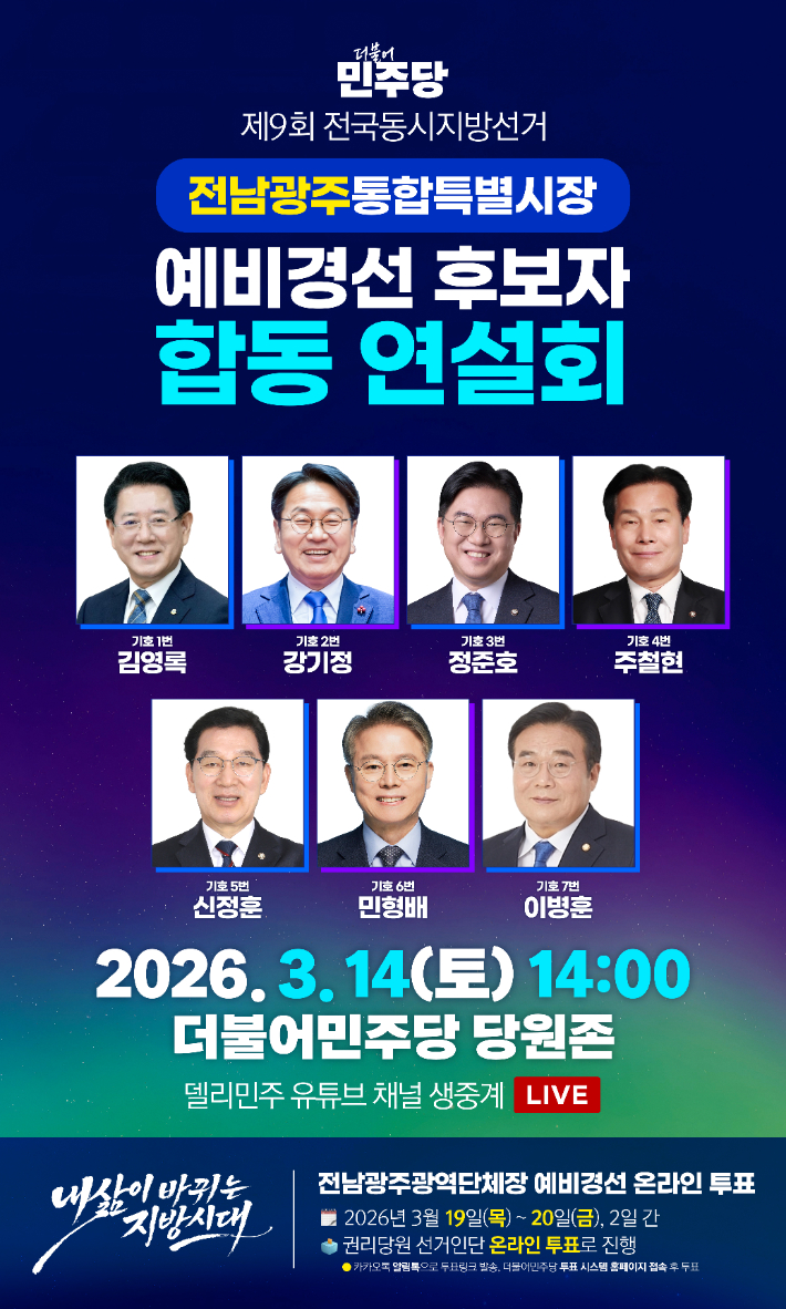 민주당은 오는 14일 전남광주특별시장 경선 후보 합동연설회를 시작으로 17일과 18일 예비경선 토론회, 19일과 20일 권리당원 온라인 투표, 27일부터 29일까지 권역별 정책배심원 심층토론회를 차례로 진행한다. 더불어민주당 제공