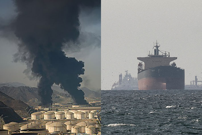 이란 공격 받은 UAE 푸자이라 항구. 오른쪽은 멈춰있는 유조선의 모습. 연합뉴스