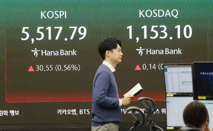 코스피가 상승 출발한 16일 서울 중구 하나은행 딜링룸에서 직원들이 업무를 보고 있다. 연합뉴스