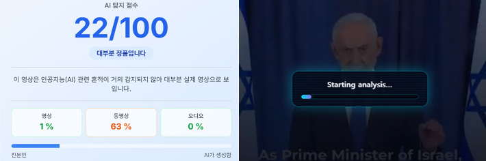 이스라엘 정부 공보실(GPO)이 배포한 원본 영상 딥페이크 탐지 장면 캡처. AI 제공 이미지