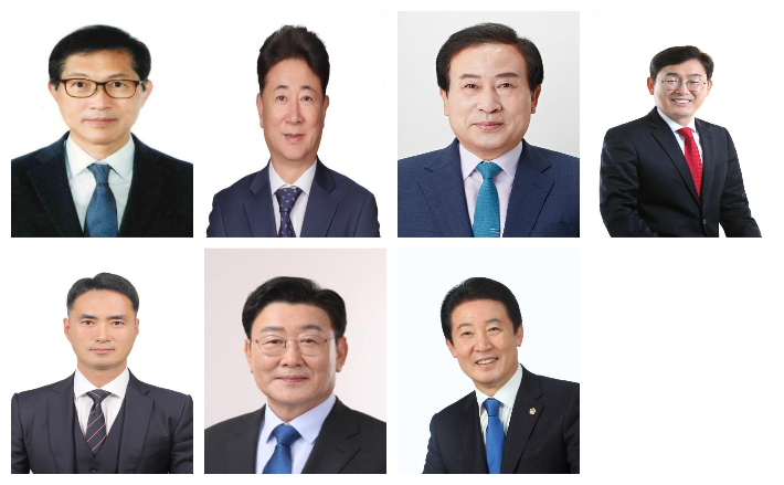 목포시장 선거 출마 예정자들. 위 왼쪽부터 강성휘·박용안·박홍률·여인두, 아래 왼쪽부터 윤선웅·이호균·전경선. 사진은 가나다순. 중앙선거관리위원회 및 각 후보 등 제공.