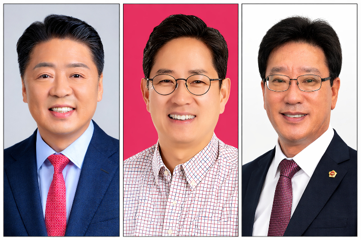 국민의힘 부산 남구 당협위원장인 박수영 국회의원(사진 가운데)이 당내 후보인 오은택 남구청장(왼쪽)과 김광명 전 시의원(오른쪽) 간 경쟁 구도에 영향을 미칠 핵심 변수로 거론된다. 국민의힘 제공