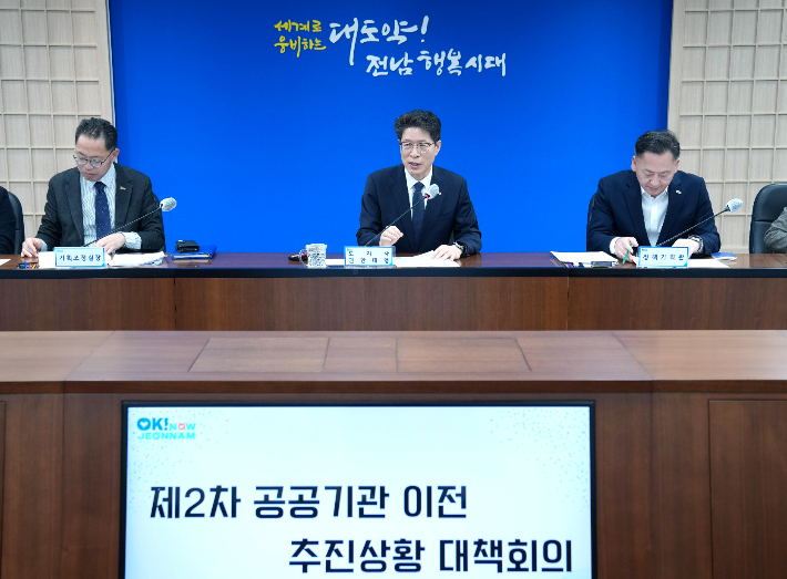 전라남도는 18일 도청 서재필실에서 황기연 전남도지사 권한대행 주재로 제2차 공공기관 추진상황 대책회의를 개최했다. 전라남도 제공