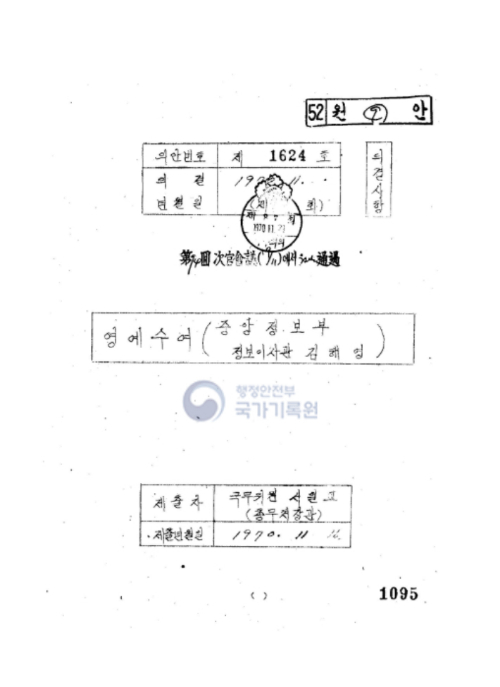 1970년 11월 김해영 전 중앙정보부 감찰실장의 홍조 근정훈장 관보 의결 문서. 행정안전부 국가기록원 제공