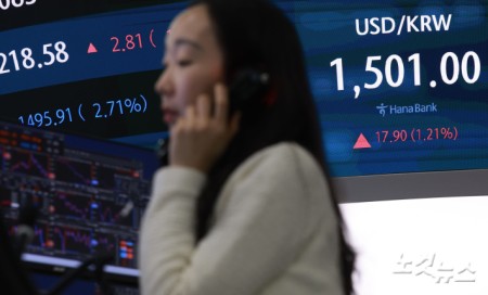 이란 최대 가스전 피격에 국제 유가가 급등하면서 원·달러 환율이 3거래일 만에 심리적 마지노선인 1500원을 재돌파한 19일 오전 서울 중구 하나은행 딜링룸에 환율이 표시돼 있다.