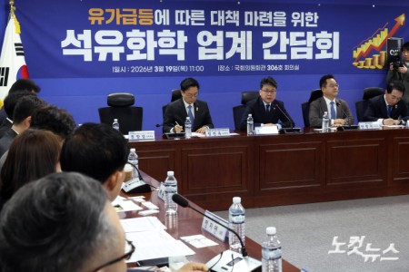 더불어민주당 소속 진성준 국회 예산결산특별위원장이 19일 서울 여의도 국회 의원회관에서 열린 유가급등에 따른 대책 마련을 위한 석유화학 업계 간담회에서 발언을 하고 있다.