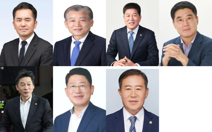 완도군수 선거 출마 예정자들. 위 왼쪽부터 김세국·김신·신의준·우홍섭. 아래 왼쪽부터 이철·지영배·허궁희. 사진은 가나다순. 각자 제공