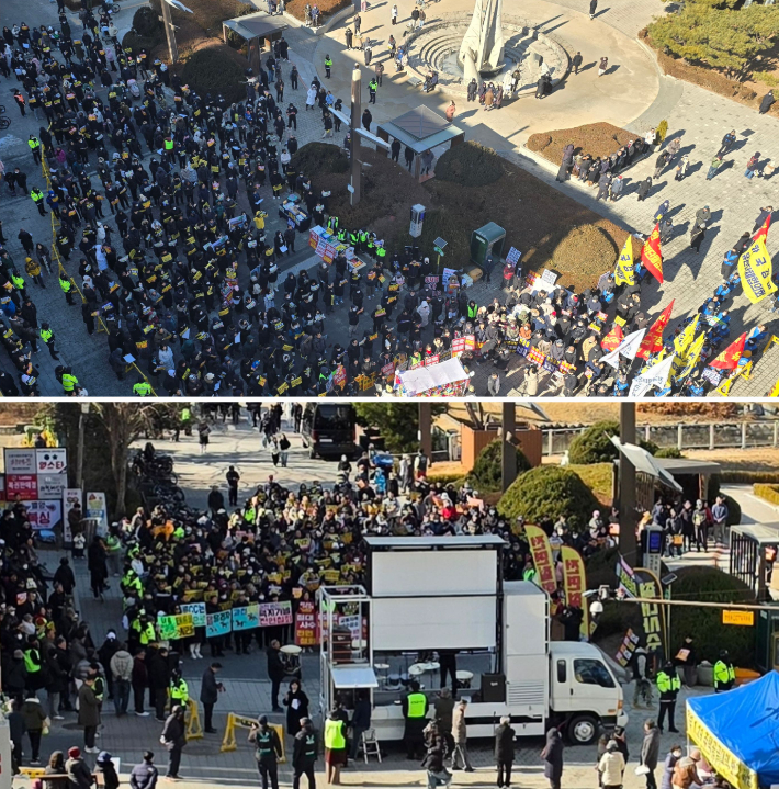 과천 경마장 이전 및 주택 추가 공급 반대 1차(위), 2차 집회 본행사 현장 모습. 독자 제공