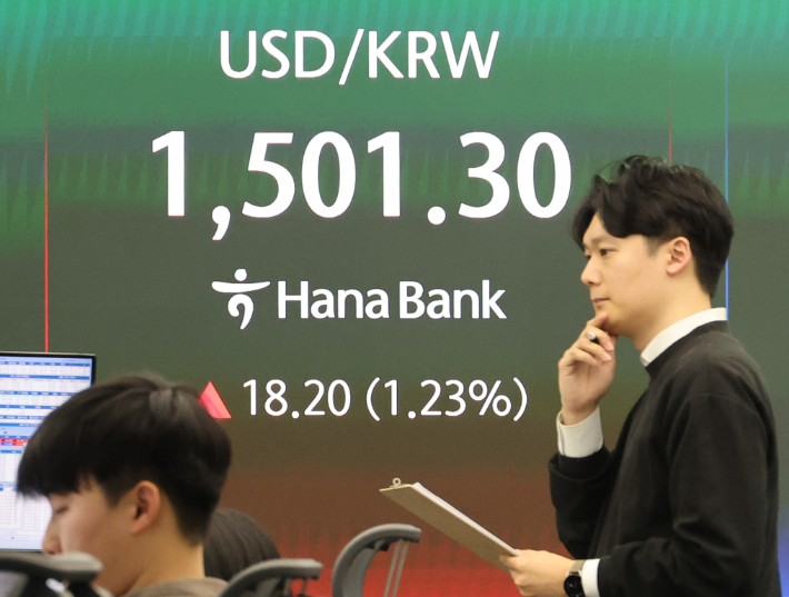 이란 전쟁 격화에 유가 급등, 달러 강세가 지속되는 가운데 19일 서울 중구 하나은행 딜링룸 현황판에 금융위기 이후 최고 수준으로 치솟은 원/달러 환율이 표시되고 있다. 연합뉴스