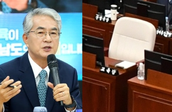 박종훈 경남교육감과 비워진 교육감 자리. 경남교육청·경남도의회 제공 