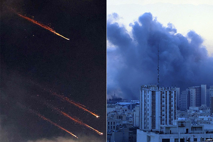 좌측부터 이스라엘을 향해 날아드는 이란의 미사일. 연기 피어오르는 이란 테헤란. 연합뉴스