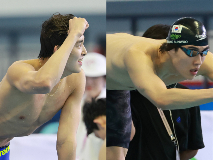 지난해 열린 전국체전의 수영 남자 계영 800m에서 황선우(사진 오른쪽)가 마지막 주자로 스타트하는 장면. 사진 왼쪽은 황선우가 1위로 레이스를 마친 뒤 세 번째 주자 김우민이 기뻐하고 모습. 연합뉴스 