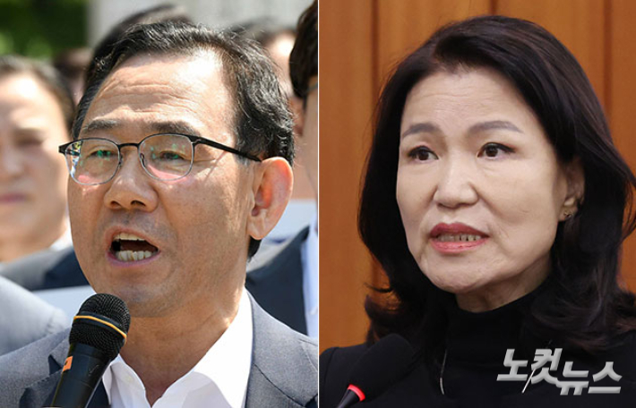 주호영 국회 부의장(왼쪽)과 이진숙 전 방송통신위원장. 윤창원 기자