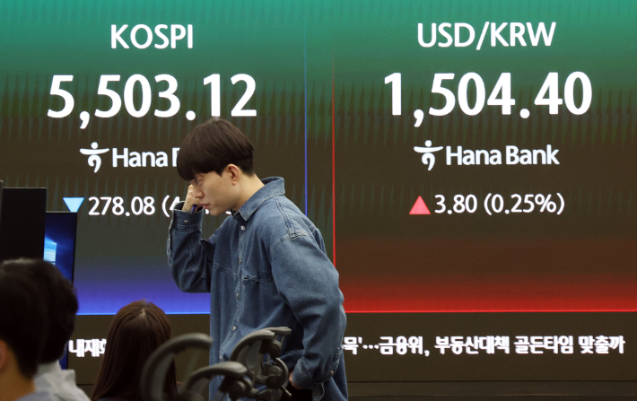 23일 서울 중구 하나은행 본점 딜링룸 전광판에 코스피, 코스닥 지수가 표시돼 있다. 연합뉴스