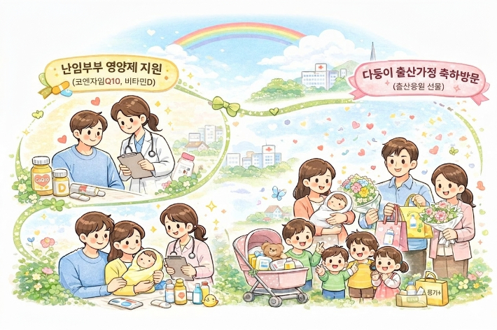 난임부부 지원부터 출산 이후 건강관리, 다자녀 가정 축하 방문까지 경주시의 출산 전주기 지원 정책을 표현한 일러스트. 경주시 제공