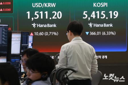 미국·이스라엘과 이란 전쟁 확전 공포에 원·달러 환율이 17년여 만에 1510원대를 돌파하고 코스피는 매도 사이드카 발동 이후에도 6%대 급락세를 보이고 있는 가운데 23일 오전 서울 중구 하나은행 딜링룸에 코스피와 환율이 표시돼 있다.