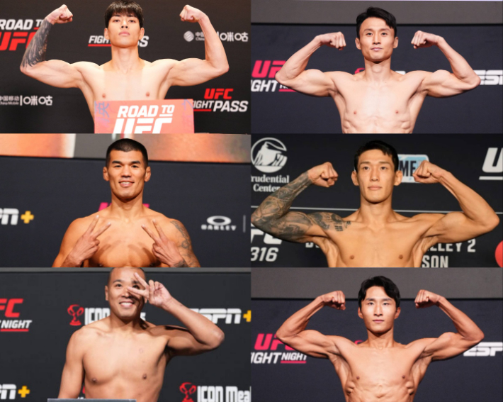 최근 한 달 사이 UFC 경기가 무산된 한국 파이터들.  사진 맨 위 왼쪽부터 시계 방향으로 최동훈, 최두호, 유주상, 이정영, 박준용, 고석현. UFC 제공
