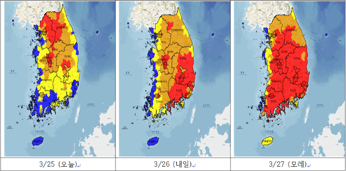 3월 25일~27일, 오후 3시 기준 산불위험지수 예측 결과. 국립산림과학원 제공