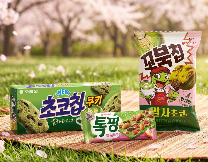 오리온의 이번 신제품은 꼬북칩 말차초코맛, 톡핑 말차블라썸, 초코칩쿠키 말차라떼맛으로 구성된다. 오리온 제공