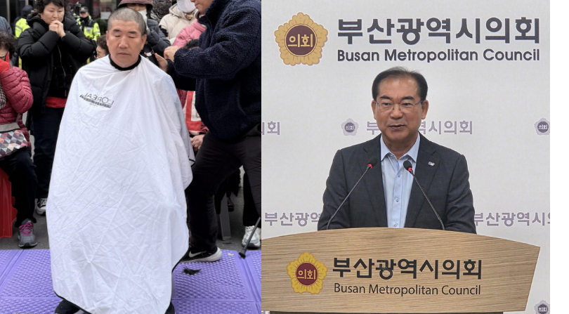 국민의힘에서 제명된 조병길 사상구청장(오른쪽)이 구청장 도전을 공식화 하고, 국민의힘 복당에 좌절돼 삭발을 단행한 김쌍우 전 시의원이 기장군수 선거에 출마할 것을 시사하고 있다. 각 후보 측 제공