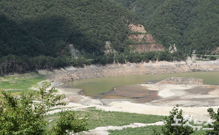 바닥이 드러난 강원 강릉시 오봉저수지 일대 하천.  강릉=류영주 기자