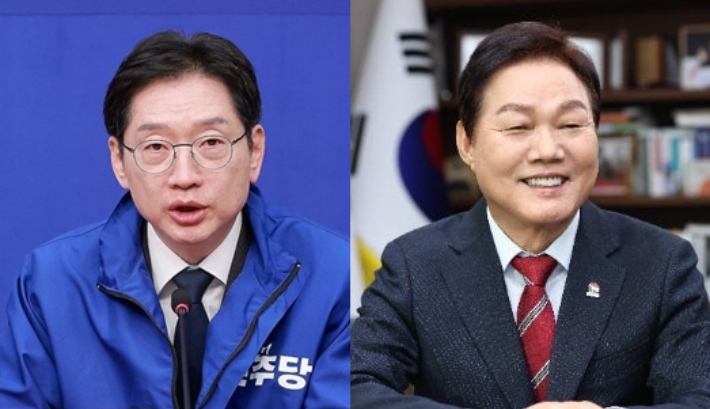 김경수 전 경남지사와 박완수 현 경남지사. 연합뉴스·경남도청 제공