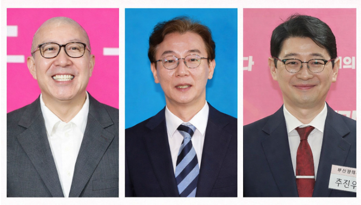 6.3 지방선거 부산시장 예비후보 박형준 시장(왼쪽)과 전재수 의원(중앙), 주진우 의원(오른쪽). 부산시 제공·연합뉴스
