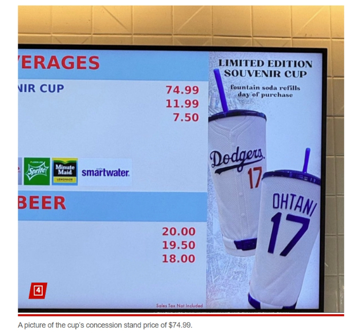 LA 다저스 홈 구장 매점에서 판매되는 오타니 쇼헤이 기념컵. 뉴욕 포스트 홈페이지 캡처 