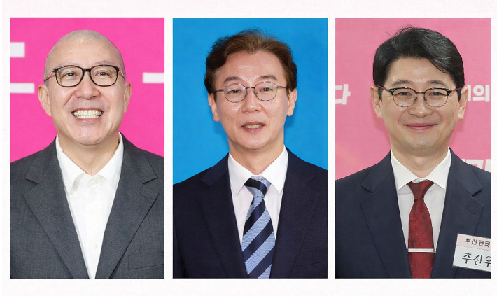 6.3 지방선거 부산시장 예비후보 박형준 시장(왼쪽)과 전재수 의원(중앙), 주진우 의원(오른쪽). 부산시 제공·연합뉴스