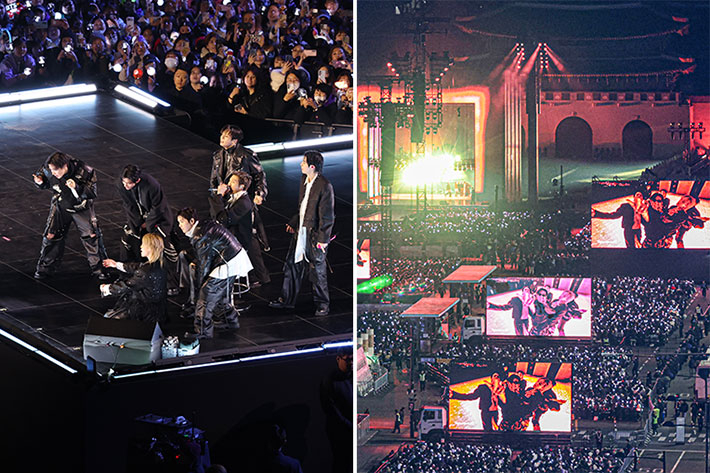 방탄소년단(BTS)이 지난 21일 서울 광화문광장에서 컴백 기념 공연인 'BTS 컴백 라이브: 아리랑'을 펼치고 있다. 사진공동취재단