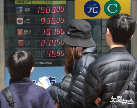 중동 전쟁 여파로 원·달러 환율이 1500원대를 넘어선 가운데 29일 서울 중구 명동의 환전소에 환율이 표시돼 있다.원·달러 환율은 3월 평균 1490원에 근접하며 외환위기 이후 네 번째로 높은 수준까지 치솟았다. 중동 전쟁에 따른 글로벌 위험 회피 심리 확산과 외국인 투자자의 대규모 주식 매도가 겹치면서 원화 가치가 주요국 통화 대비 가장 큰 폭으로 하락했다.