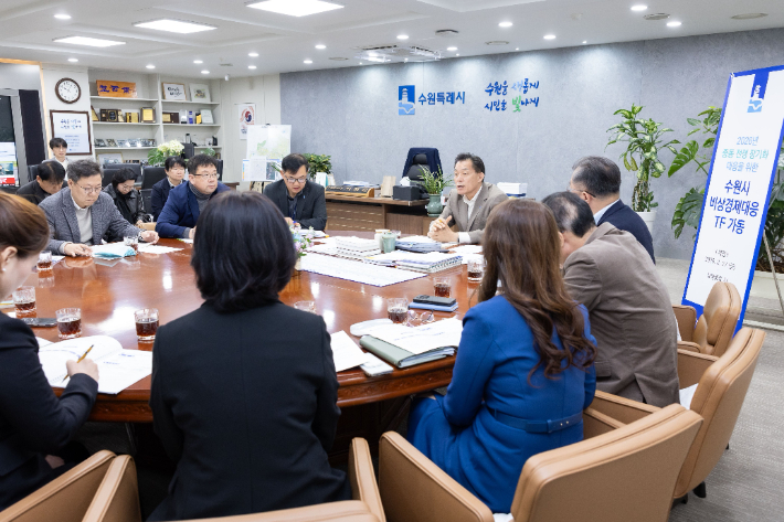 이재준 수원시장이 '비상경제대응 태스크포스' 회의에서 발언하고 있다. 수원시 제공
