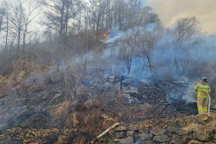 30일 오후 3시 19분쯤 강원 양구군 국토정중앙면 원리 야산에서 불이 나 약 50분 만에 꺼졌다. 강원도산불방지대책본부 제공