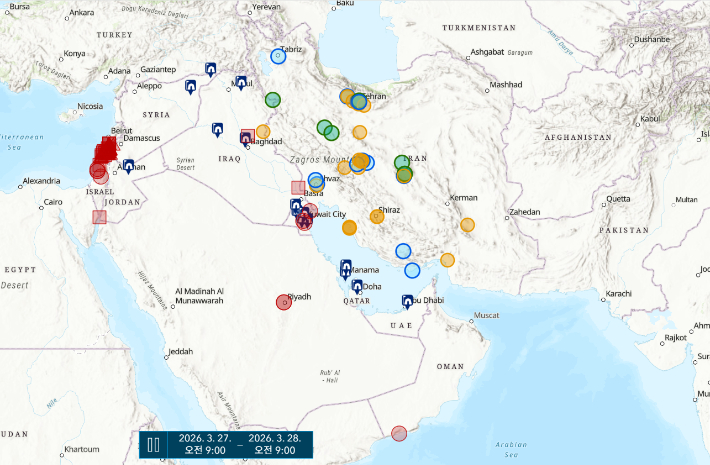 2026년 3월 27~28일에 미국과 이란 두 진영이 주고받은 미사일 및 드론 공격. 붉은색 동그라미와 네모 표시가 각각 이란과 이란의 지원을 받는 이라크 민병대의 공격 지점이다. (하늘색, 녹색, 노란색 동그라미는 미군 진영의 공격 지점) 이란 진영의 공격은 이스라엘에 집중됐으며, 쿠웨이트, 사우디아라비아, 오만에도 가해졌음을 알 수 있다. 이라크내 미군기지도 친이란 이라크 민병대의 공격을 받은 것으로 표시됐다. 미국 전쟁연구소 ISW 홈페이지 캡처