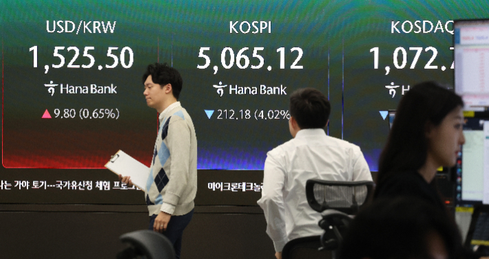 31일 오전 서울 중구 하나은행 본점 딜링룸 전광판에 코스피와 코스닥, 원/달러 환율이 표시돼 있다. 연합뉴스