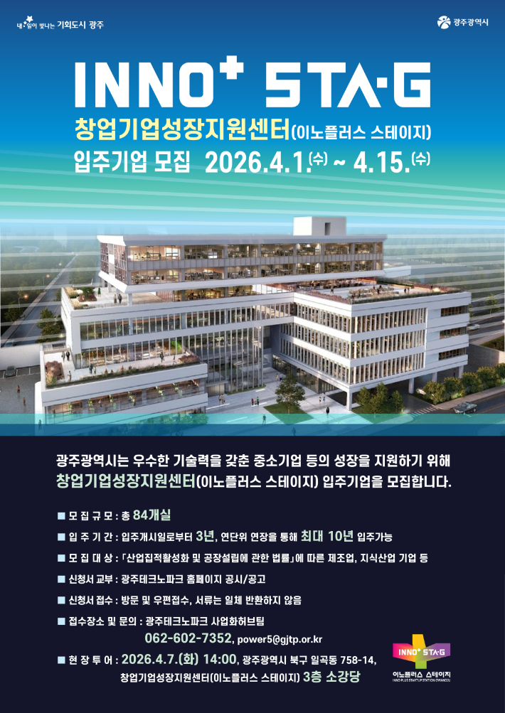 광주광역시는 신규 창업기업 성장지원센터 '이노플러스 스테이지(INNO+ STA·G)'의 개관을 앞두고 4월 1일부터 15일까지 입주기업을 모집한다. 광주시 제공