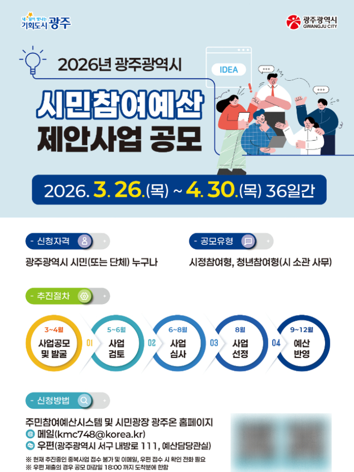 광주시는 2027년도 예산 과정에 시민참여를 보장하기 위한 '시민참여예산 제안사업'을 4월30일까지 접수한다. 광주광역시 제공