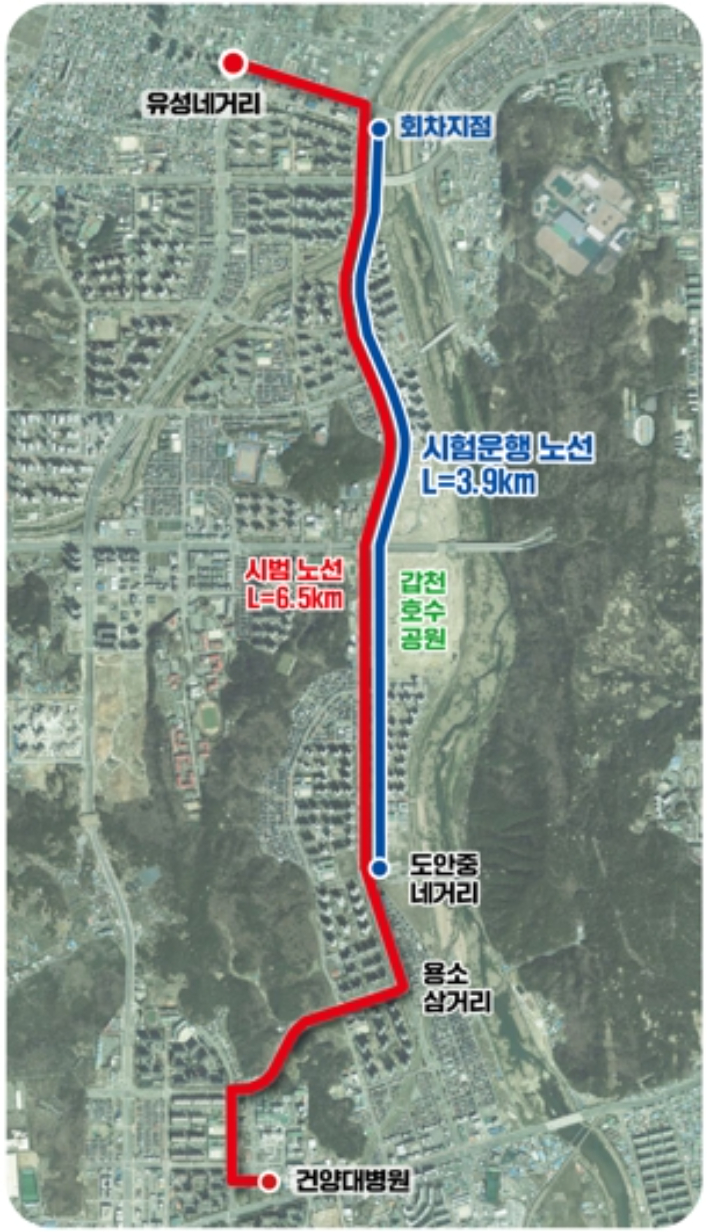 3칸 굴절차량 시험운행 노선도. 대전시 제공