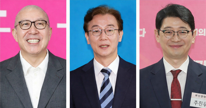 6·3 지방선거 부산시장 예비후보 박형준 시장(왼쪽)과 전재수 의원(중앙), 주진우 의원(오른쪽). 부산시 제공·연합뉴스