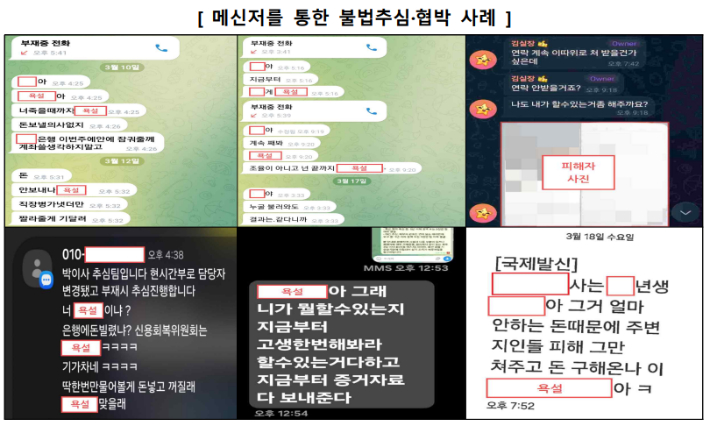 메신저를 이용한 불법추심과 협박 사례. 금융위원회 제공