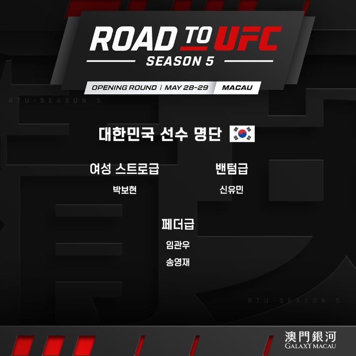 로드 투 UFC 시즌 5 출전하는 한국 선수 명단. UFC 제공