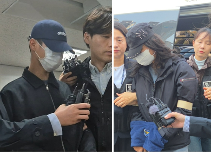 2일 대구지방법원에서 열린 구속 전 피의자 심문에 출석한 캐리어 시신 사건 피의자들. 곽재화·권소영 기자