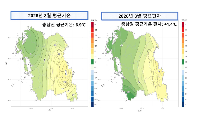 2026년 3월 충남권 평균기온 및 평년 대비 편차 분포도. 대전지방기상청 제공