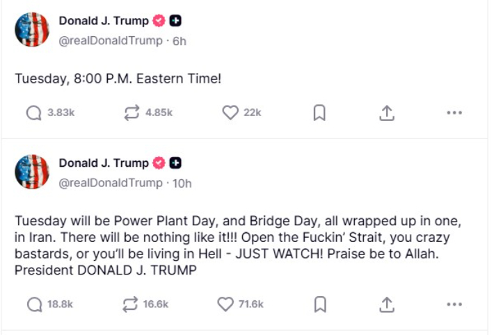 트럼프 대통령이 "미 동부시간 화요일(7일) 오후 8시!(한국시간 8일 오전 9시)",  "빌어먹을 (호르무즈) 해협을 열어라 미친놈들아, 그렇지 않으면 지옥에서 살게 될 것" 등 이란을 압박하는 발언을 이어가고 있다. 트루스소셜 캡처