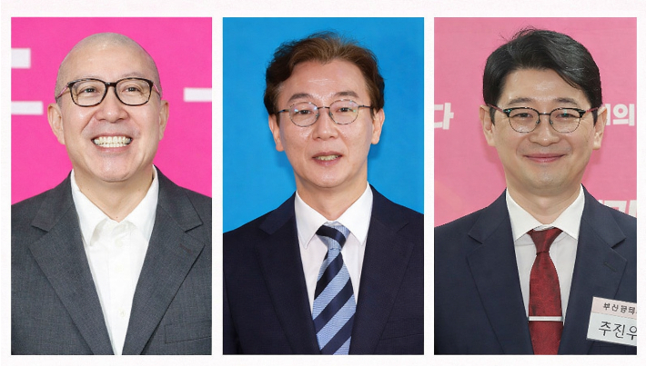 6.3 지방선거 부산시장 예비후보 박형준 시장(왼쪽)과 전재수 의원(중앙), 주진우 의원(오른쪽).  부산시 제공·연합뉴스
